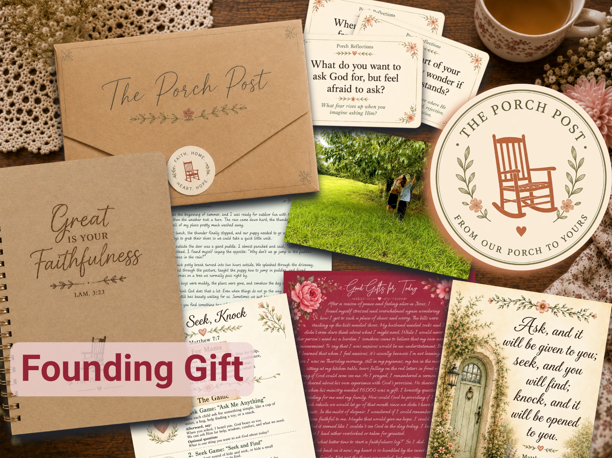 A Porch Post product collage showing the envelope, spiral kraft faithfulness journal, reflection cards, postcard photo, letter, magnetic verse postcard, and sticker in a warm cottage-style flat lay