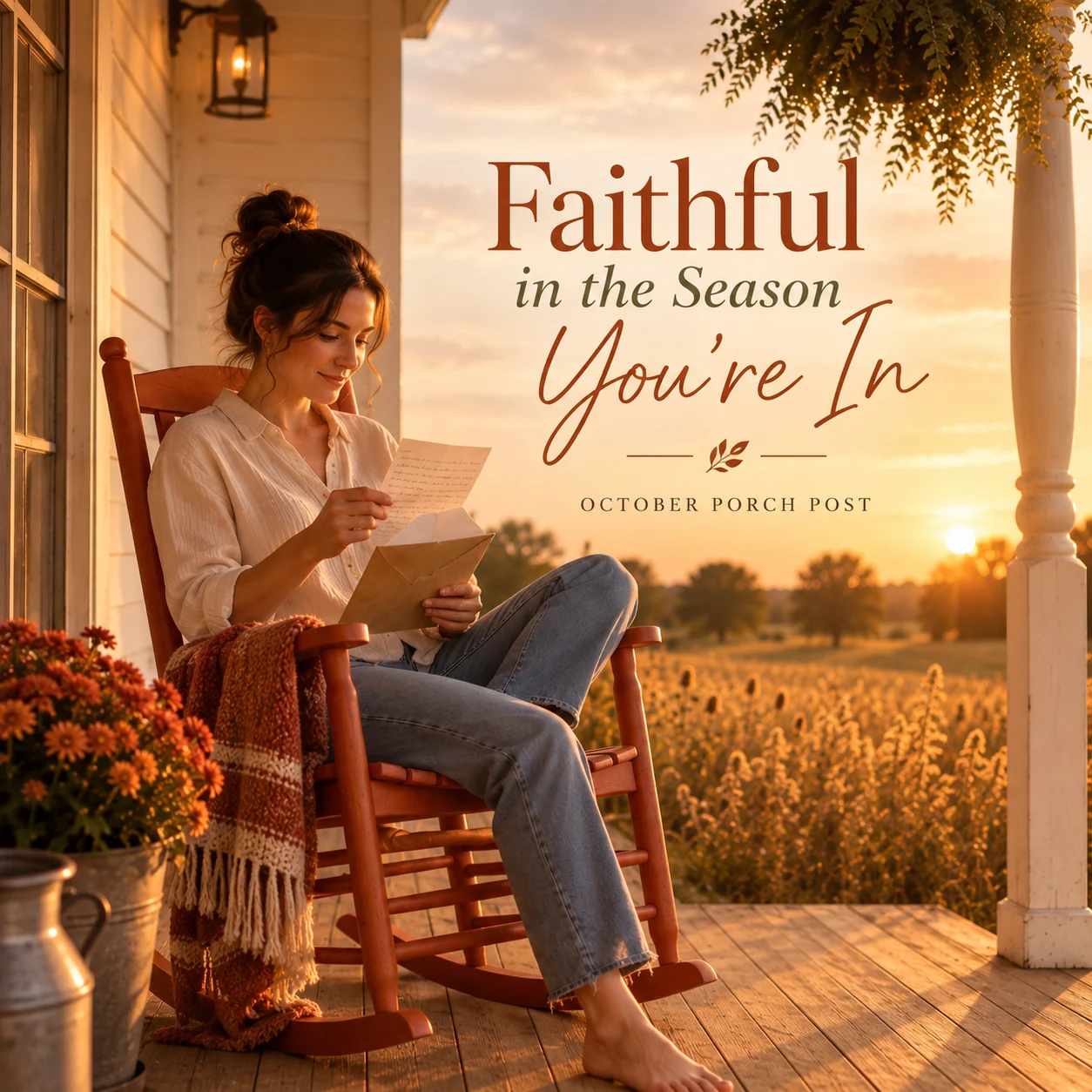 October Porch Post teaser, Faithful in the Season You’re In, with a woman reading a letter on a warm autumn porch at sunset