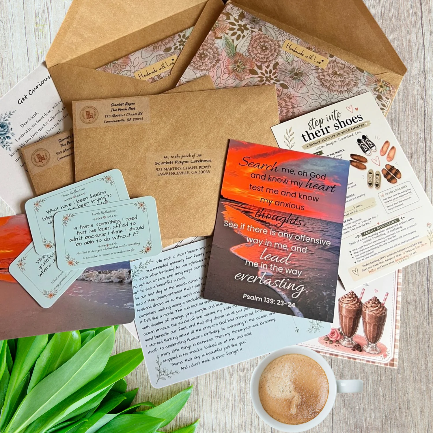 September Porch Post Get Curious edition with the mailed envelope, Psalm 139 Scripture magnet, reflection cards, empathy activity, sunset postcard, and chocolate frosty recipe card
